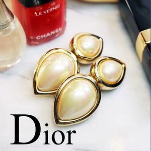 Christian Dior Pearl Cabochon Clip-On Earrings with Gold Plating *Signed*